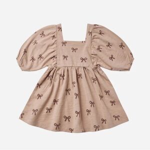 Rylee + Cru Beige Puff-Sleeve Bow Print Kids Dress